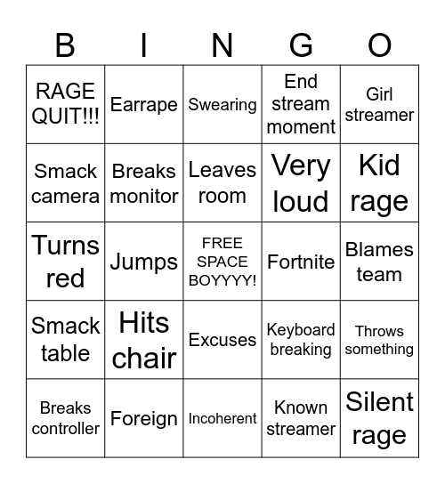 The Gamer Rage Continues Bingo Card