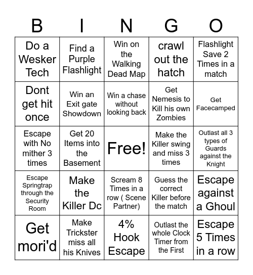 DBD Survivor Bingo Card