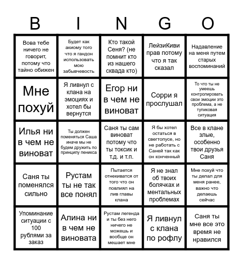 СОБРАНИЕ С ВАЛЕРОЙ Bingo Card