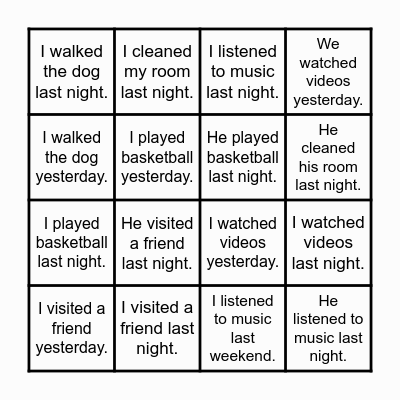 What did you do last night? Bingo Card