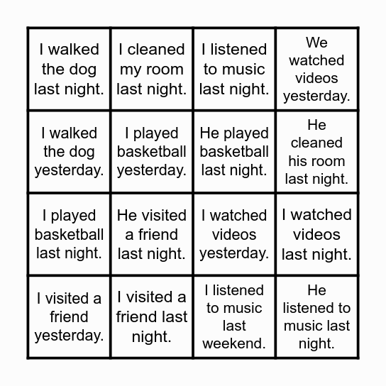 What did you do last night? Bingo Card