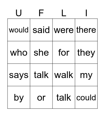 Heart Words Bingo Card