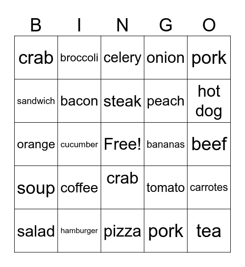 French Food Cognates Bingo Card