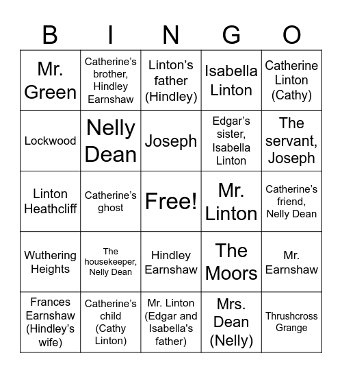 Wuthering Heights Bingo Card
