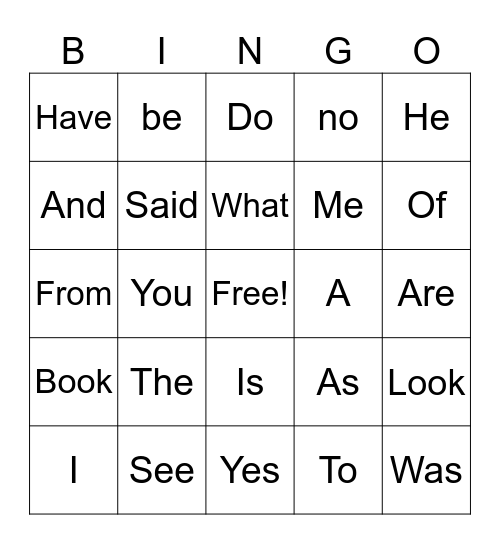 Heart Words Bingo Card