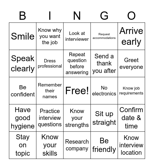 Interview Bingo Card
