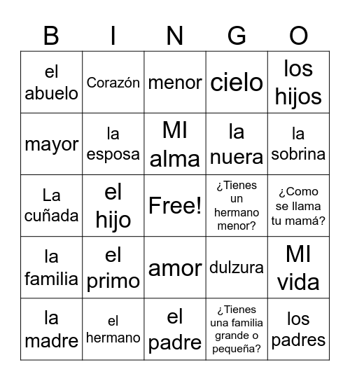 La familia vocab/terms of endearment Bingo Card