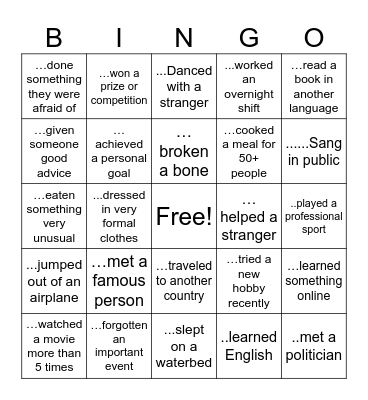 Have you ever? Bingo Card