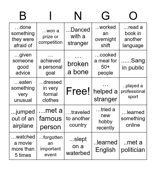 Have you ever? Bingo Card