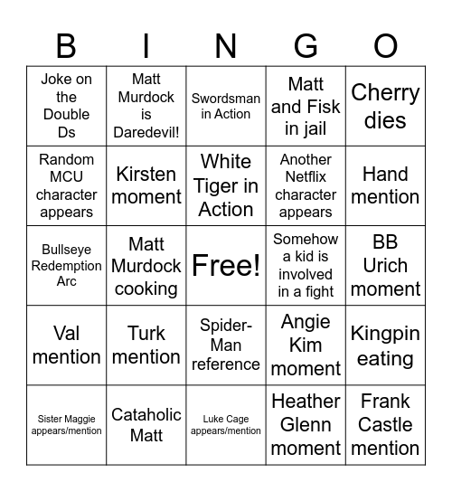 Daredevil Born Again Season 2 Bingo Card