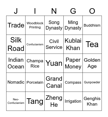 Medieval China and Mongols Jingo Bingo Card