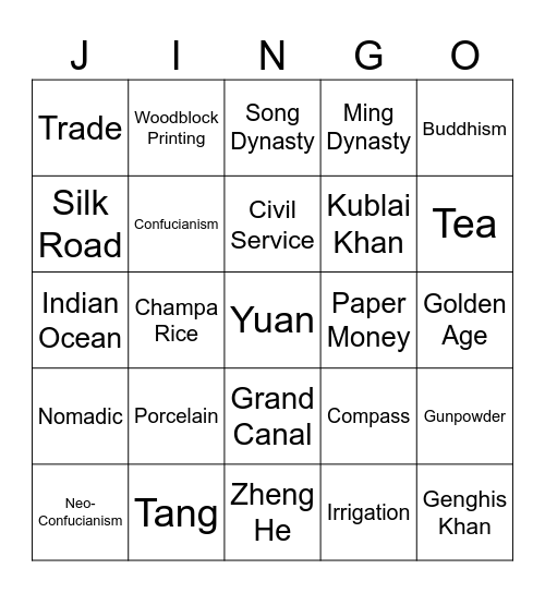 Medieval China and Mongols Jingo Bingo Card