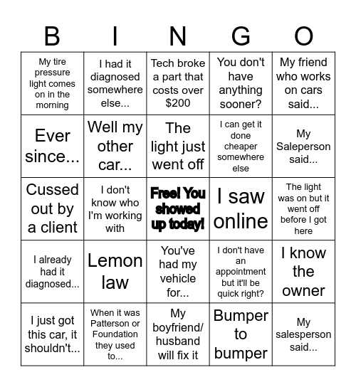 Service Advisor Bingo Card