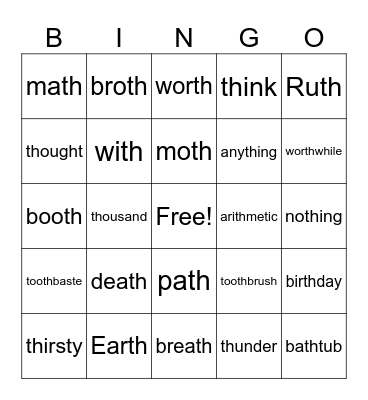 Voiceless "th" Bingo Card