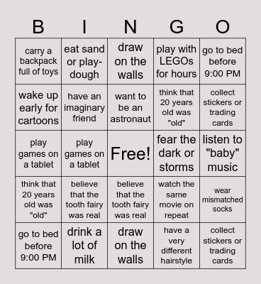 Childhood Bingo Card