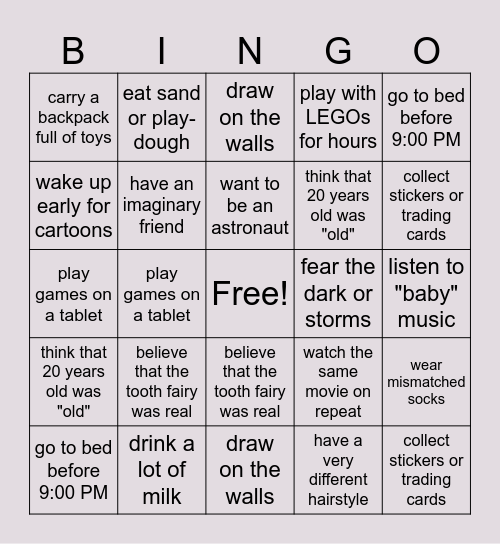 Childhood Bingo Card