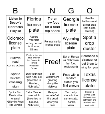 Nebraska Road Trip 2026 Bingo Card