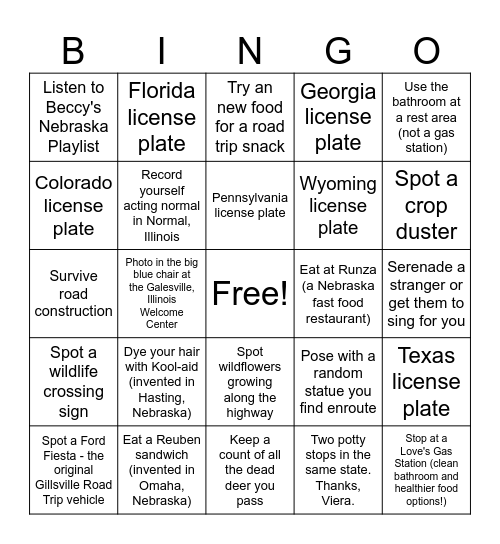 Nebraska Road Trip 2026 Bingo Card