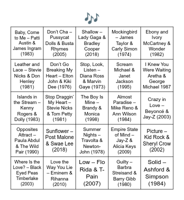 DUETS Bingo Card