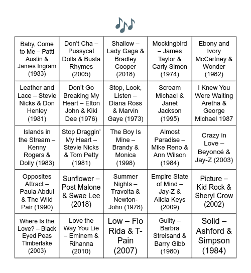 DUETS Bingo Card