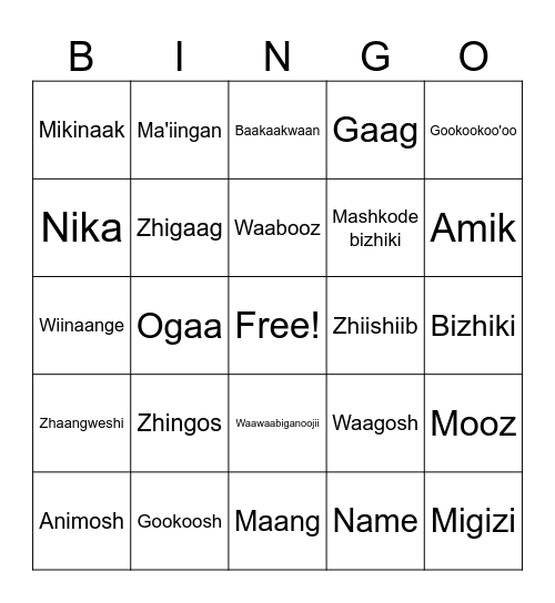 Awesiiyag & Bineshiiyag Bingo! Bingo Card