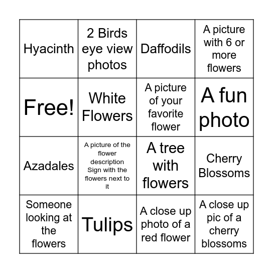 Dallas Arboretum Bingo Card