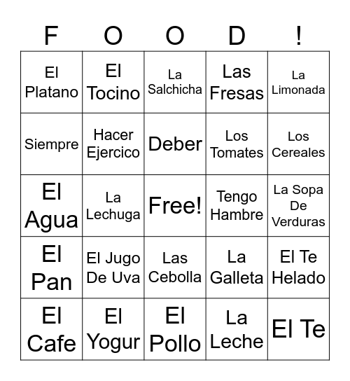 Restaurant Bingo Card