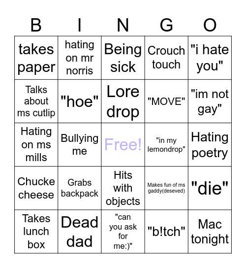 Bella water bingo Card