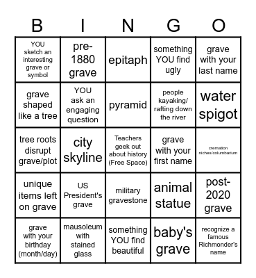 Hollywood Cemetery Bingo Card