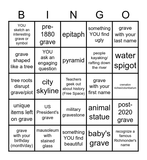 Hollywood Cemetery Bingo Card