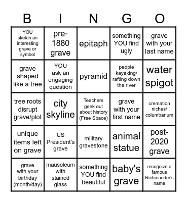 Hollywood Cemetery Bingo Card