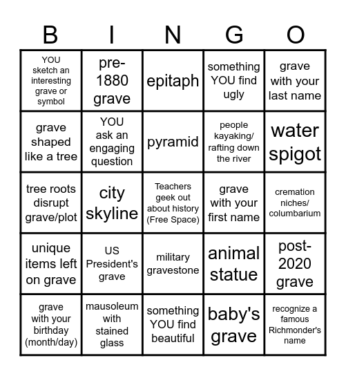 Hollywood Cemetery Bingo Card
