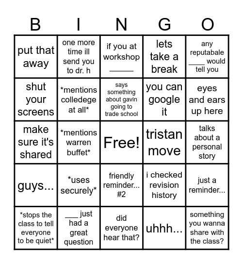 Morril lingo Bingo Card