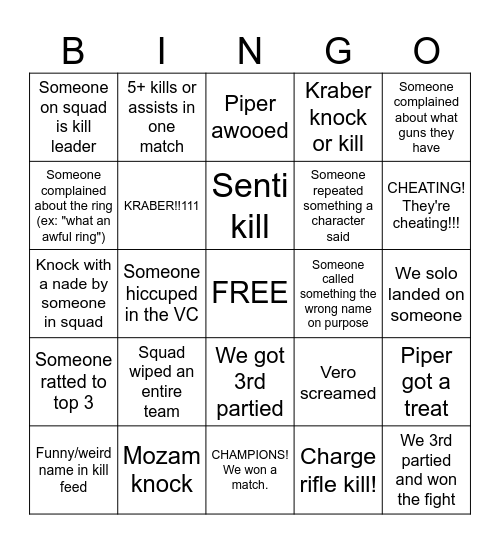 Apex Legends Ranked Bingo Card