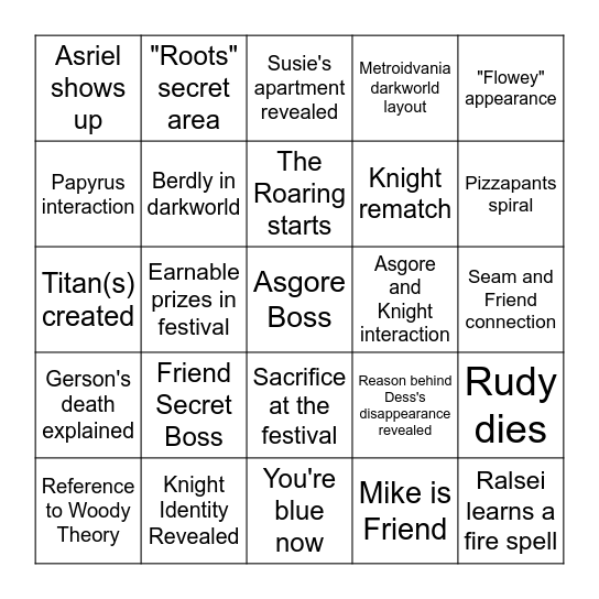 Deltarune Chapter 5 Bingo Card