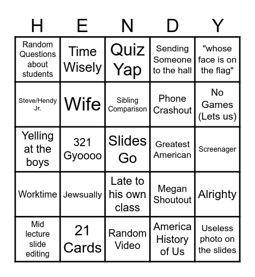 Hendy Bingo Card