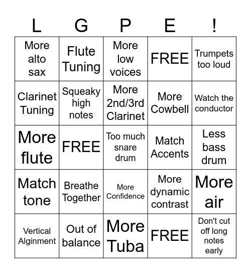 Concert Band LGPE Bingo Card