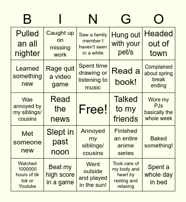 Spring Break Bingo Card