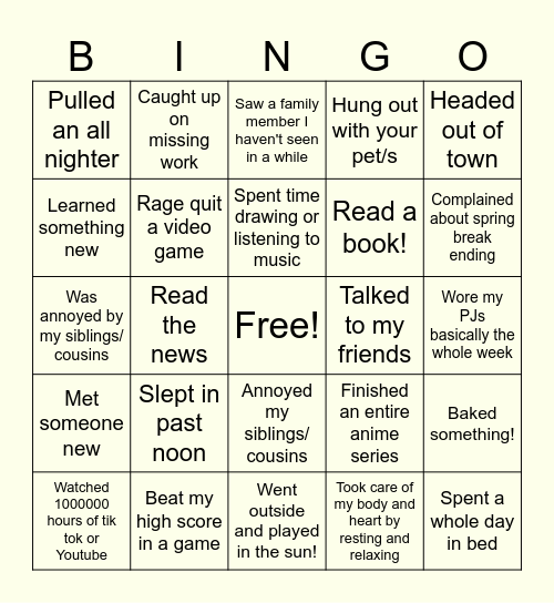 Spring Break Bingo Card