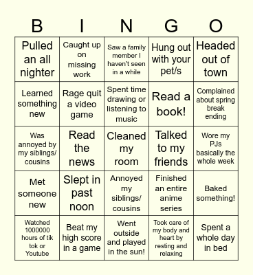 Spring Break Bingo Card