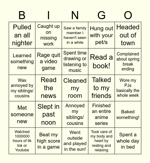 Spring Break Bingo Card