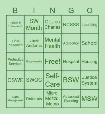 Social Work Bingo! Bingo Card