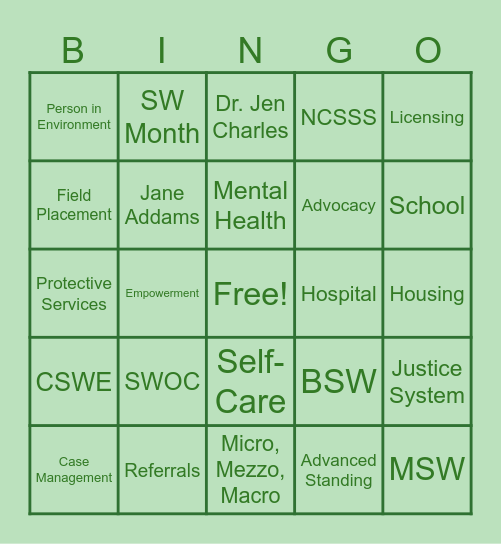 Social Work Bingo! Bingo Card