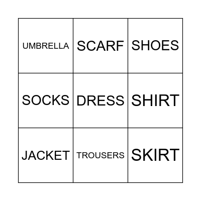 CLOTHES Bingo Card