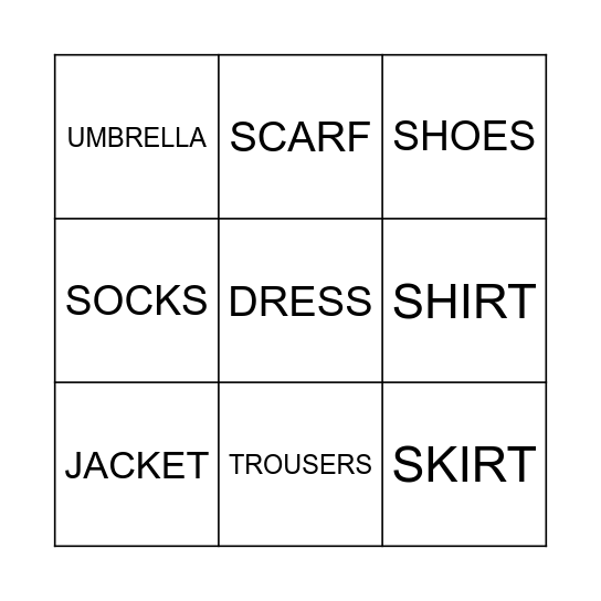CLOTHES Bingo Card
