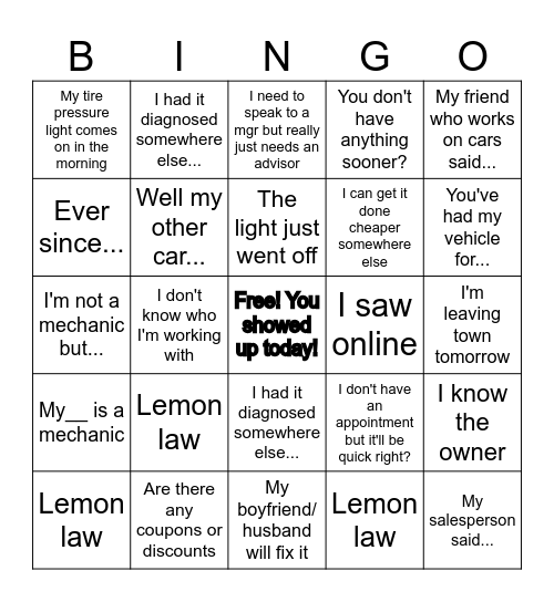 Service Advisor Bingo Card
