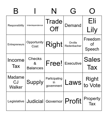 Government & Economics Bingo Card