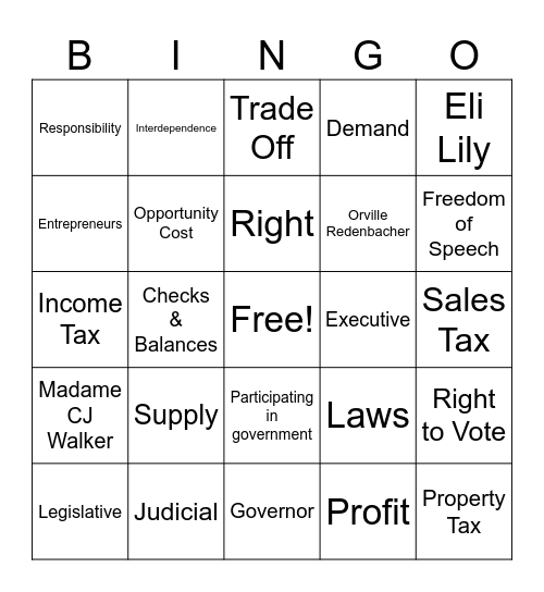 Government & Economics Bingo Card