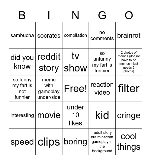 youtube shorts Bingo Card