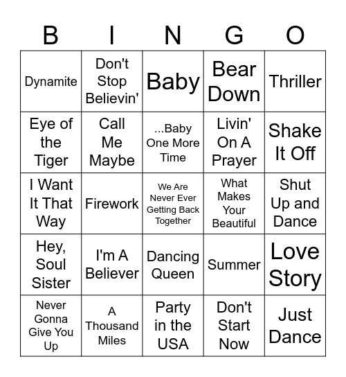 Pop Song Bingo 2026 Bingo Card